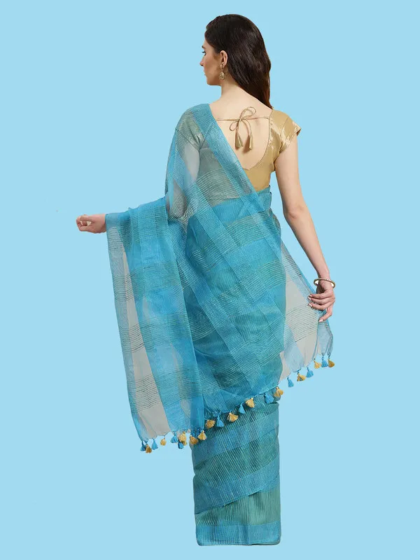 Authentic_Pacific_Cyan_Mulberry_Ghicha_Silk_Handloom_Bhagalpuri_Net_Saree
