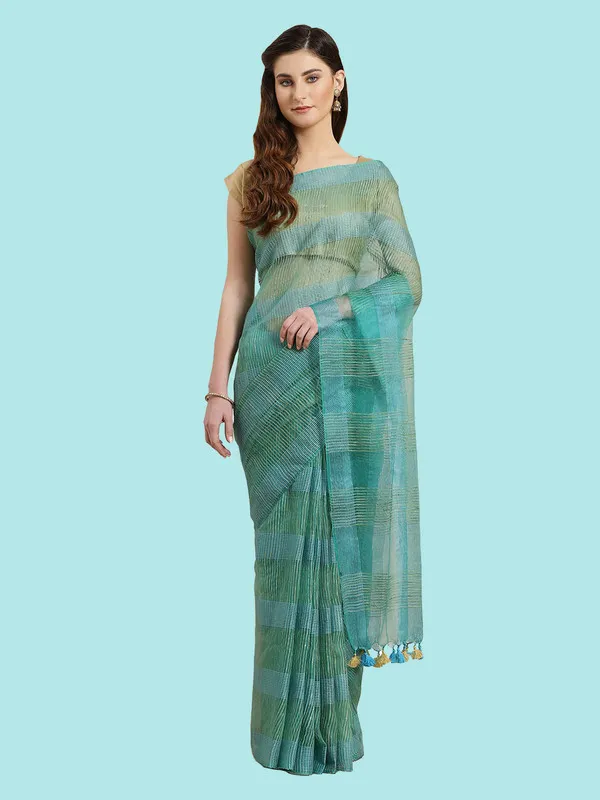 Authentic_Turquoise_Mulberry_Ghicha_Silk_Handloom_Bhagalpuri_Net_Saree