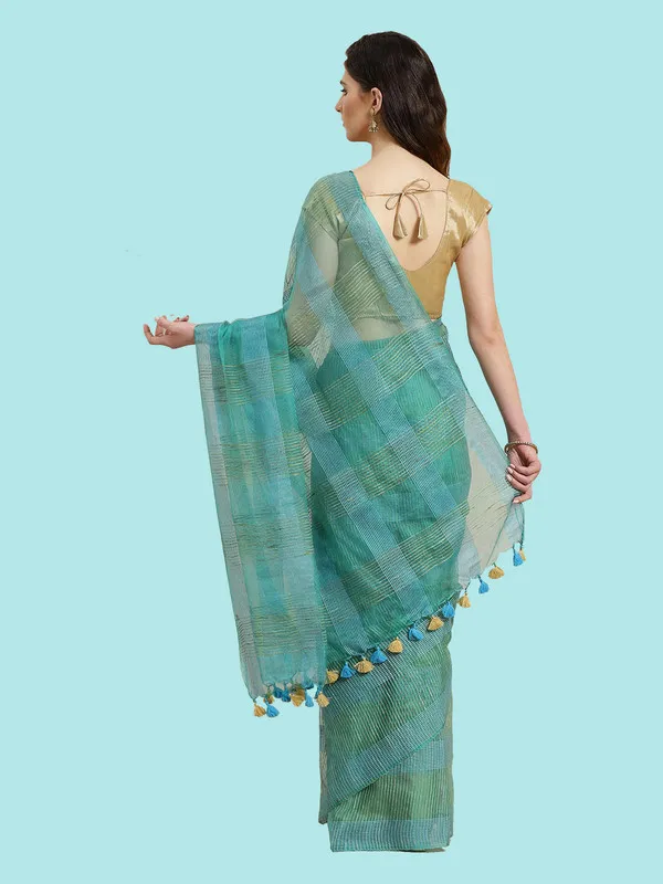 Authentic_Turquoise_Mulberry_Ghicha_Silk_Handloom_Bhagalpuri_Net_Saree