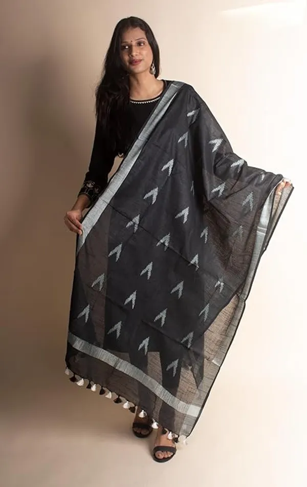 Black_Linen_Cotton_Blend_Handloom_Weaving_Ikkat_Bhagalpuri_Dupatta_with_Pom_Pom