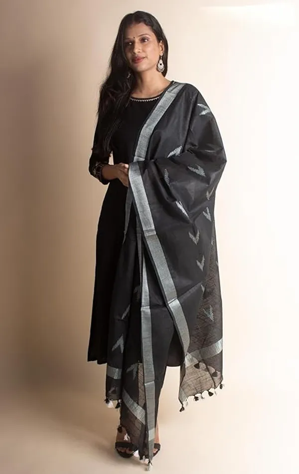 Black_Linen_Cotton_Blend_Handloom_Weaving_Ikkat_Bhagalpuri_Dupatta_with_Pom_Pom