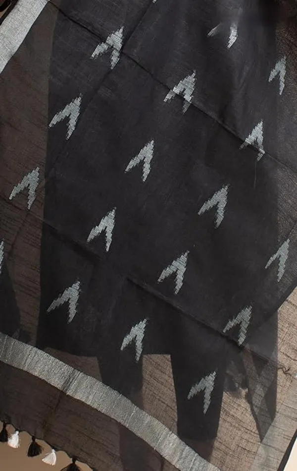 Black_Linen_Cotton_Blend_Handloom_Weaving_Ikkat_Bhagalpuri_Dupatta_with_Pom_Pom