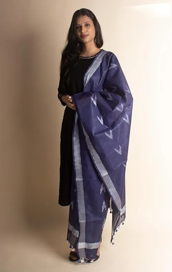 Egyptian_Blue_Linen_Cotton_Blend_Handloom_Weaving_Ikkat_Bhagalpuri_Dupatta_with_Pom_Pom