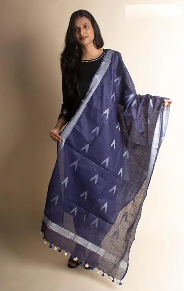 Egyptian_Blue_Linen_Cotton_Blend_Handloom_Weaving_Ikkat_Bhagalpuri_Dupatta_with_Pom_Pom