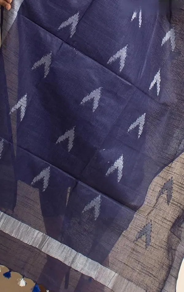 Egyptian_Blue_Linen_Cotton_Blend_Handloom_Weaving_Ikkat_Bhagalpuri_Dupatta_with_Pom_Pom