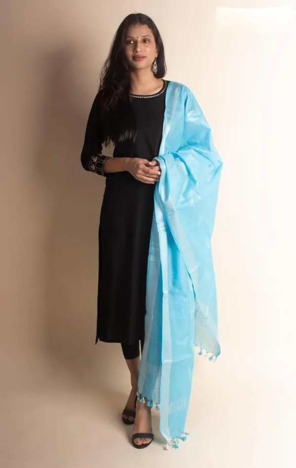 Light_Sky_Blue_Linen_Cotton_Blend_Handloom_Weaving_Ikkat_Bhagalpuri_Dupatta_with_Pom_Pom