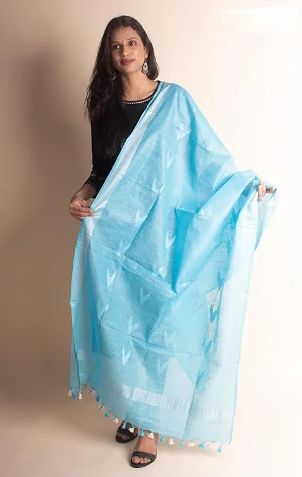 Light_Sky_Blue_Linen_Cotton_Blend_Handloom_Weaving_Ikkat_Bhagalpuri_Dupatta_with_Pom_Pom