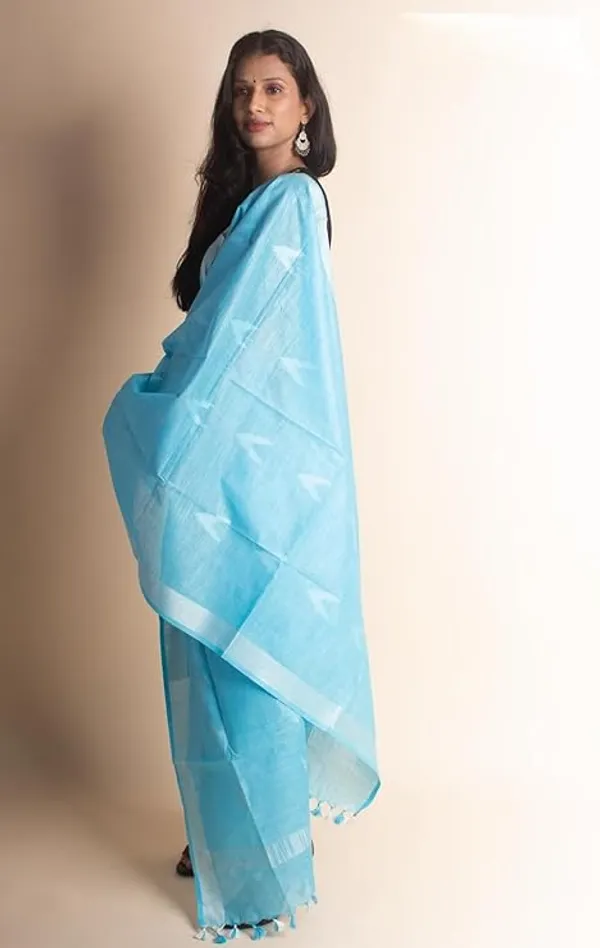 Light_Sky_Blue_Linen_Cotton_Blend_Handloom_Weaving_Ikkat_Bhagalpuri_Dupatta_with_Pom_Pom
