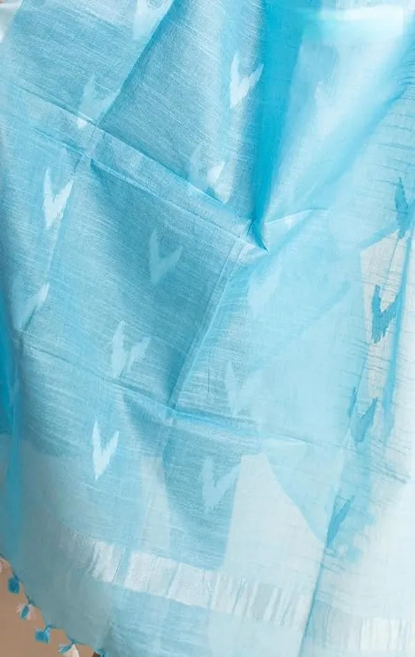 Light_Sky_Blue_Linen_Cotton_Blend_Handloom_Weaving_Ikkat_Bhagalpuri_Dupatta_with_Pom_Pom