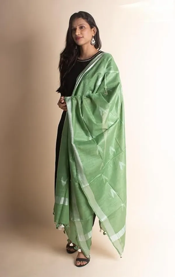Pastal_Green_Linen_Cotton_Blend_Handloom_Weaving_Ikkat_Bhagalpuri_Dupatta_with_Pom_Pom