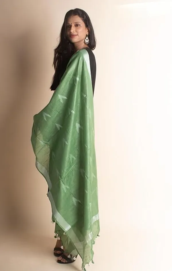 Pastal_Green_Linen_Cotton_Blend_Handloom_Weaving_Ikkat_Bhagalpuri_Dupatta_with_Pom_Pom