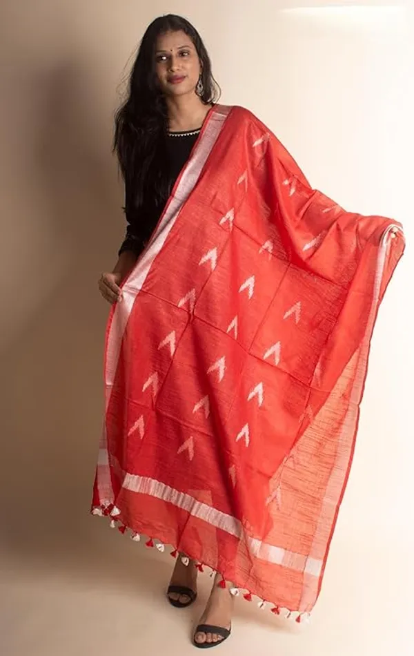 Red_Linen_Cotton_Blend_Handloom_Weaving_Ikkat_Bhagalpuri_Dupatta_with_Pom_Pom