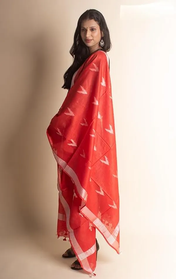 Red_Linen_Cotton_Blend_Handloom_Weaving_Ikkat_Bhagalpuri_Dupatta_with_Pom_Pom