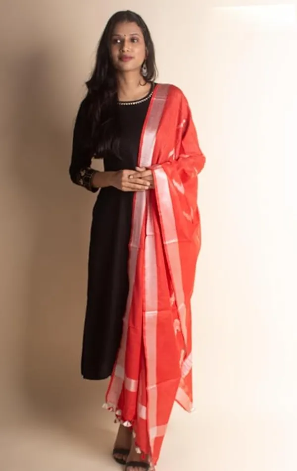 Red_Linen_Cotton_Blend_Handloom_Weaving_Ikkat_Bhagalpuri_Dupatta_with_Pom_Pom