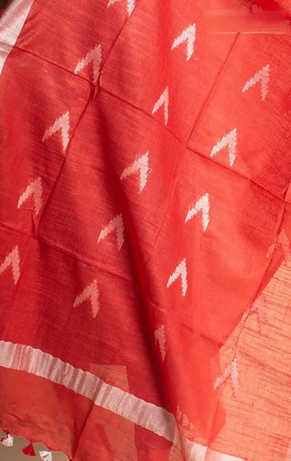 Red_Linen_Cotton_Blend_Handloom_Weaving_Ikkat_Bhagalpuri_Dupatta_with_Pom_Pom