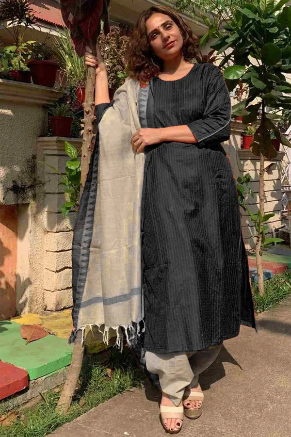 Authentic_Black_Katan_Ghicha_Silk_Handloom_Striped_Salwar_Suit_Set_Fabric_with_Linen_Blend_Bottom_and_Temple_Dupatta