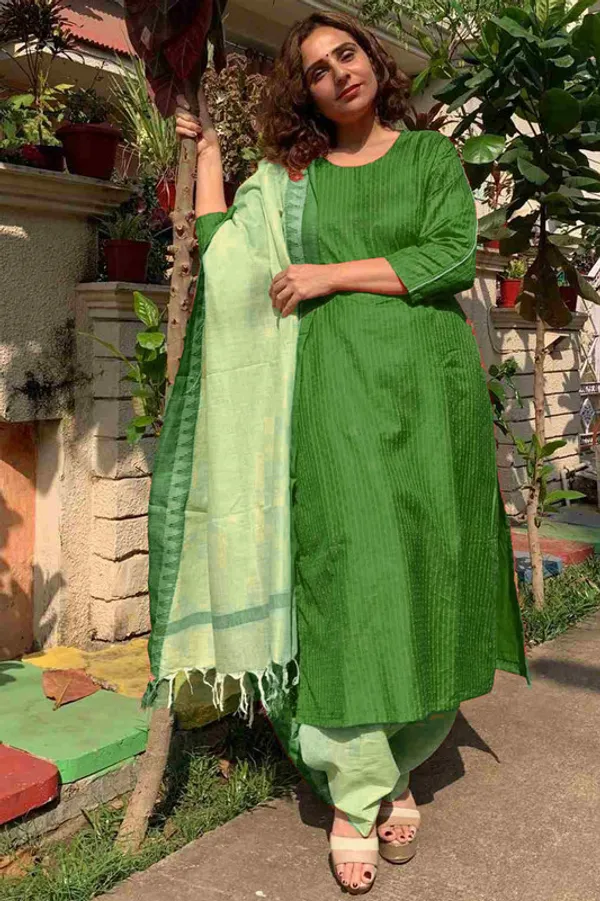 Authentic_British_Green_Katan_Ghicha_Silk_Handloom_Striped_Salwar_Suit_Set_Fabric_with_Linen_Blend_Bottom_and_Temple_Dupatta