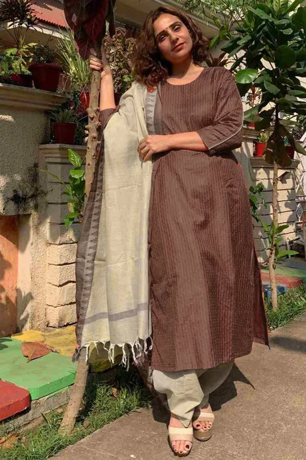 Authentic_Brown_Katan_Ghicha_Silk_Handloom_Striped_Salwar_Suit_Set_Fabric_with_Linen_Blend_Bottom_and_Temple_Dupatta