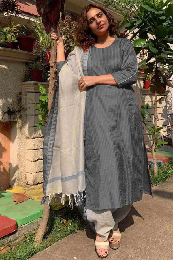 Authentic_Grey_Katan_Ghicha_Silk_Handloom_Striped_Salwar_Suit_Set_Fabric_with_Linen_Blend_Bottom_and_Temple_Dupatta