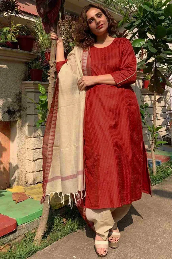 Premium_Maroon_Red_Katan_Ghicha_Silk_Handloom_Striped_Salwar_Suit_Set_Fabric_with_Linen_Blend_Bottom_and_Temple_Dupatta