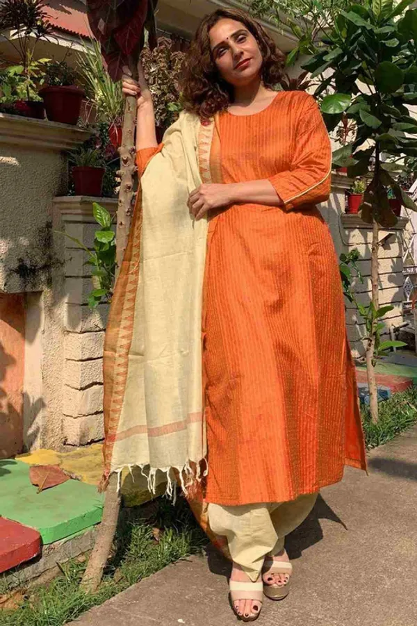 Authentic_Orange_Katan_Ghicha_Silk_Handloom_Striped_Salwar_Suit_Set_Fabric_with_Linen_Blend_Bottom_and_Temple_Dupatta