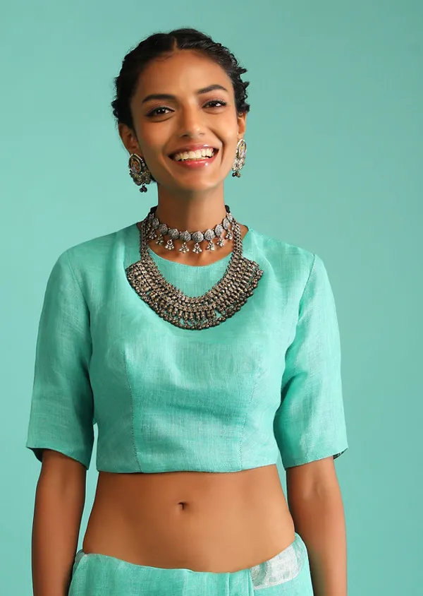 Authentic_Aquamarine_Turquoise_Handloom_Pure_Linen_Bhagalpuri_Saree_with_Blouse_Piece