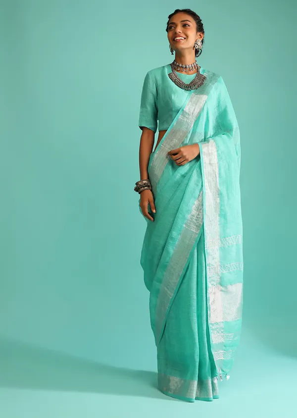 Authentic_Aquamarine_Turquoise_Handloom_Pure_Linen_Bhagalpuri_Saree_with_Blouse_Piece