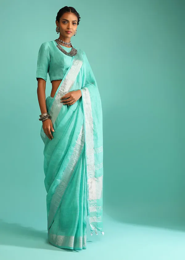 Authentic_Aquamarine_Turquoise_Handloom_Pure_Linen_Bhagalpuri_Saree_with_Blouse_Piece