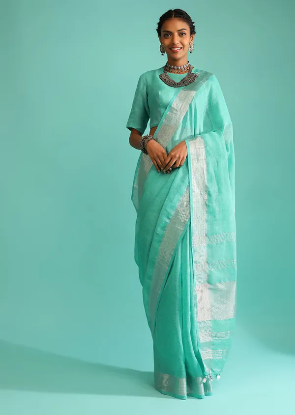 Authentic_Aquamarine_Turquoise_Handloom_Pure_Linen_Bhagalpuri_Saree_with_Blouse_Piece