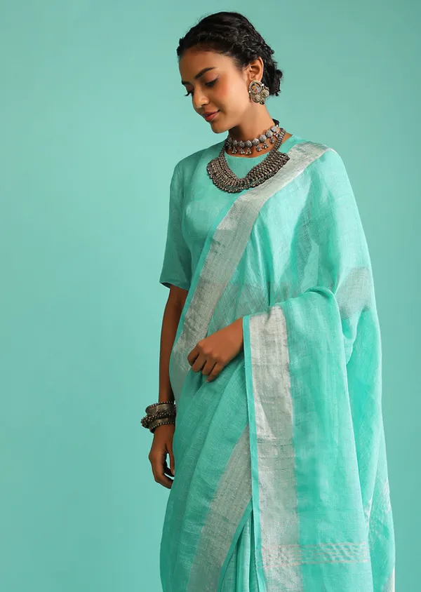 Authentic_Aquamarine_Turquoise_Handloom_Pure_Linen_Bhagalpuri_Saree_with_Blouse_Piece