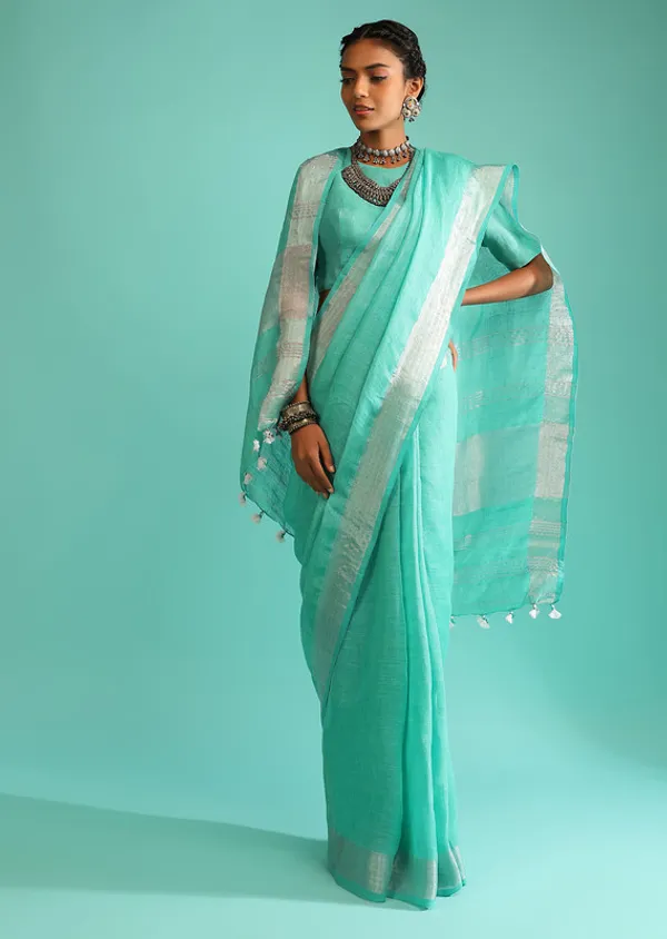 Authentic_Aquamarine_Turquoise_Handloom_Pure_Linen_Bhagalpuri_Saree_with_Blouse_Piece