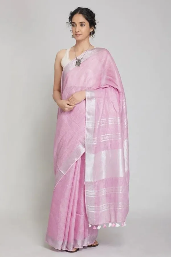 Baby_Pink_Linen_Blend_Handloom_Saree_With_Blouse_Piece