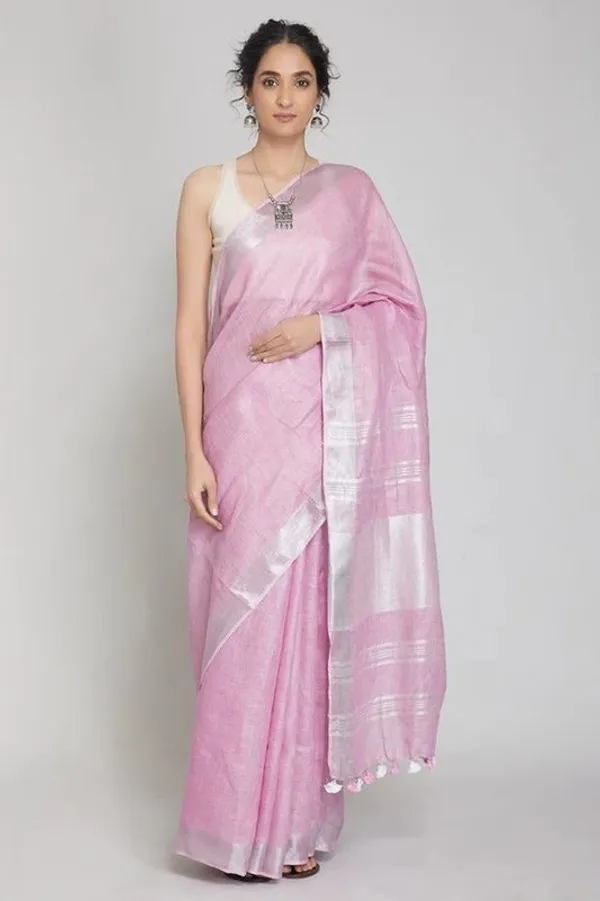 Baby_Pink_Linen_Blend_Handloom_Saree_With_Blouse_Piece