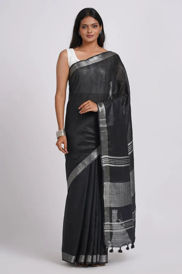 Black_Linen_Blend_Handloom_Saree_With_Blouse_Piece