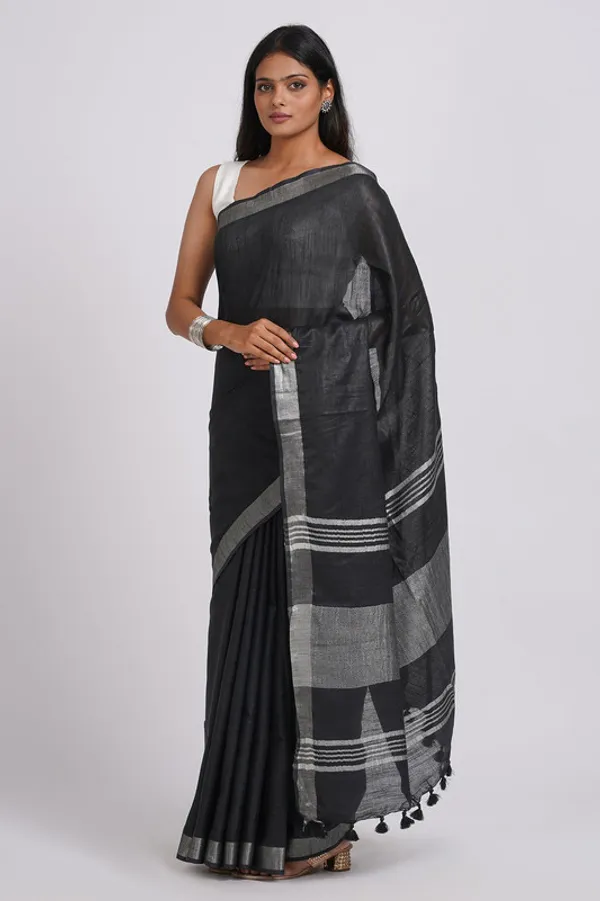 Black_Linen_Blend_Handloom_Saree_With_Blouse_Piece