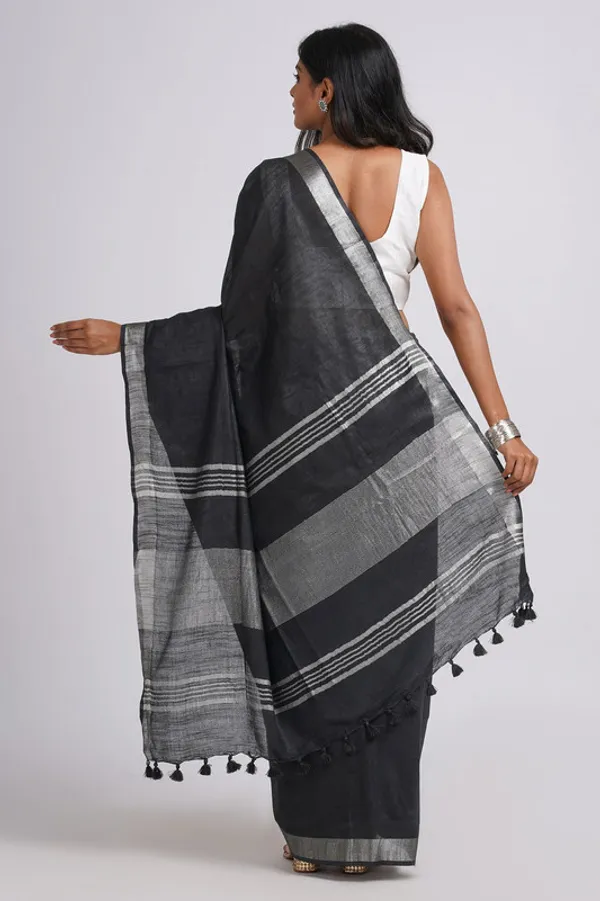 Black_Linen_Blend_Handloom_Saree_With_Blouse_Piece