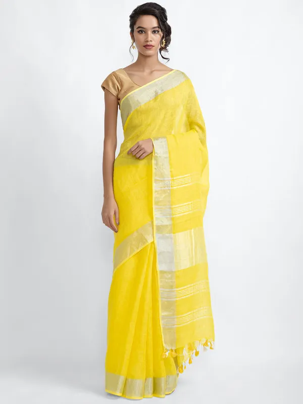 Canary_Yellow_Linen_Blend_Handloom_Saree_With_Blouse_Piece