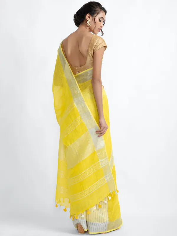 Canary_Yellow_Linen_Blend_Handloom_Saree_With_Blouse_Piece