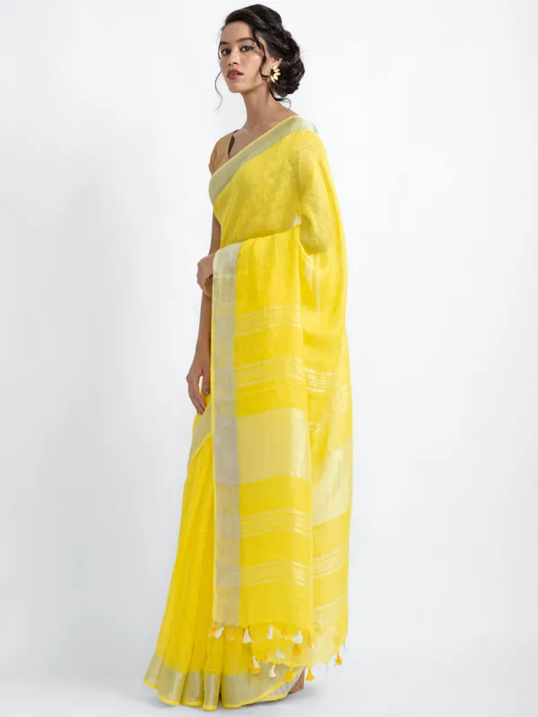 Canary_Yellow_Linen_Blend_Handloom_Saree_With_Blouse_Piece