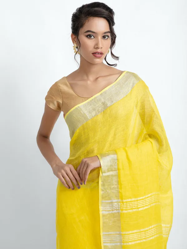 Canary_Yellow_Linen_Blend_Handloom_Saree_With_Blouse_Piece