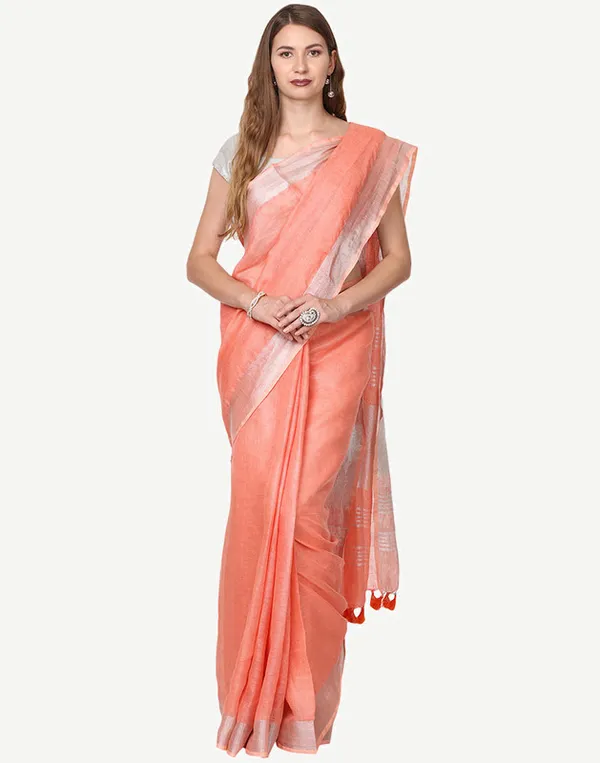 Coral_Orange_Linen_Blend_Handloom_Saree_With_Blouse_Piece