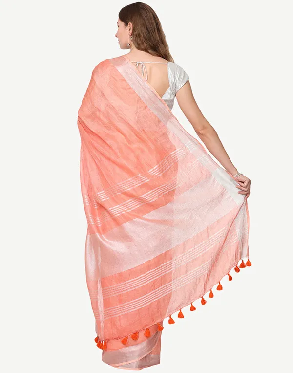 Coral_Orange_Linen_Blend_Handloom_Saree_With_Blouse_Piece