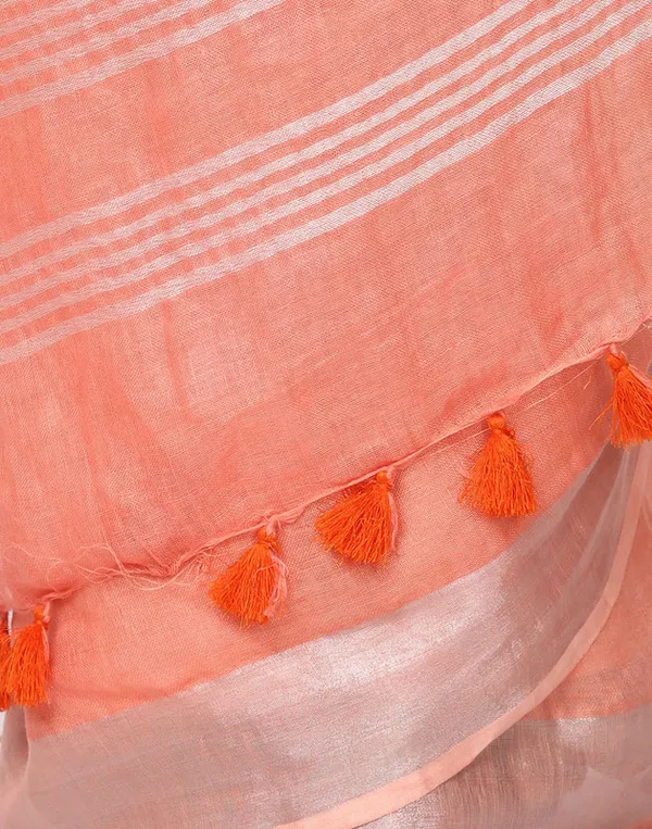 Coral_Orange_Linen_Blend_Handloom_Saree_With_Blouse_Piece