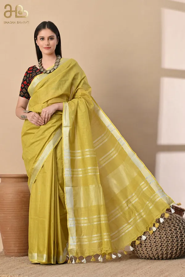 Ecru_Green_Linen_Blend_Handloom_Saree_With_Blouse_Piece