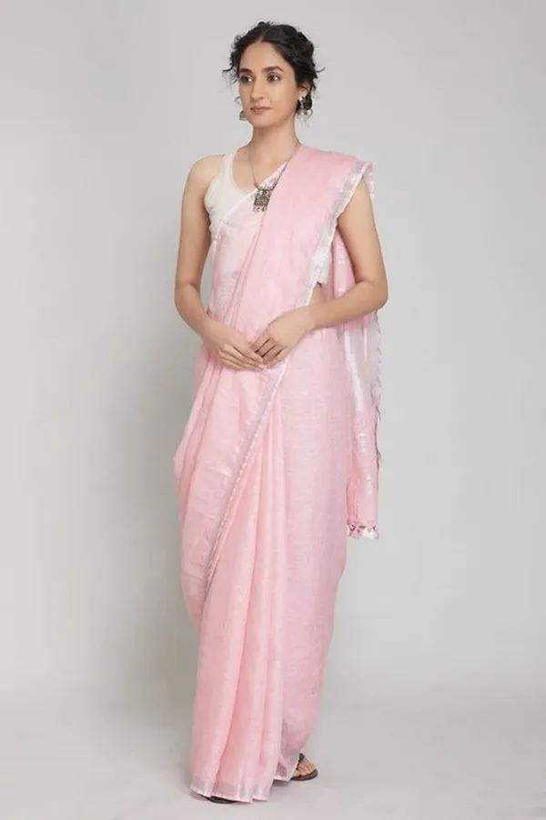 Fairy_Pink_Linen_Blend_Handloom_Saree_With_Blouse_Piece