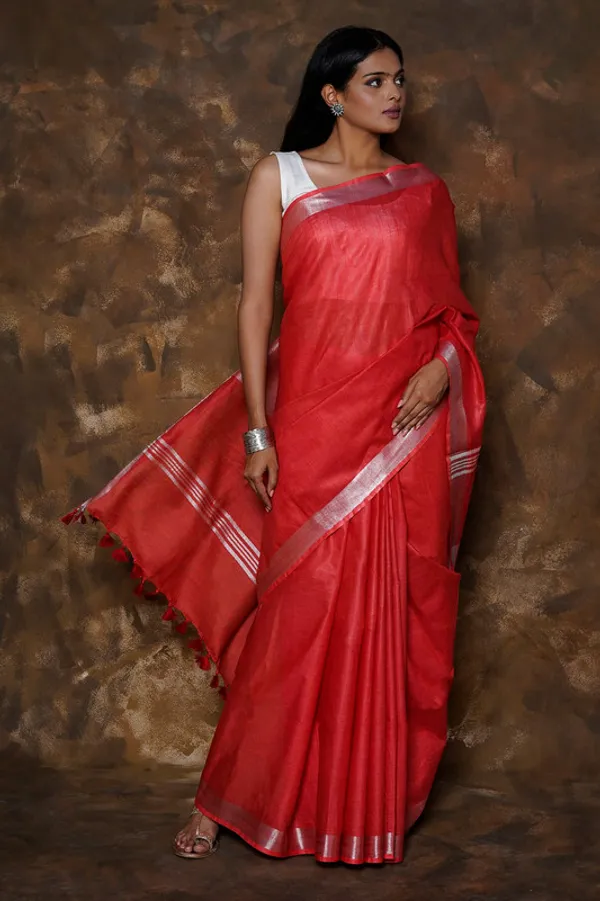 Fine_Red_Linen_Blend_Handloom_Saree_With_Blouse_Piece