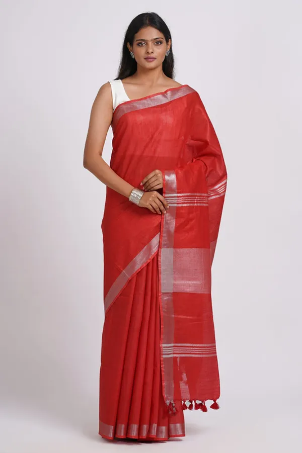Fine_Red_Linen_Blend_Handloom_Saree_With_Blouse_Piece