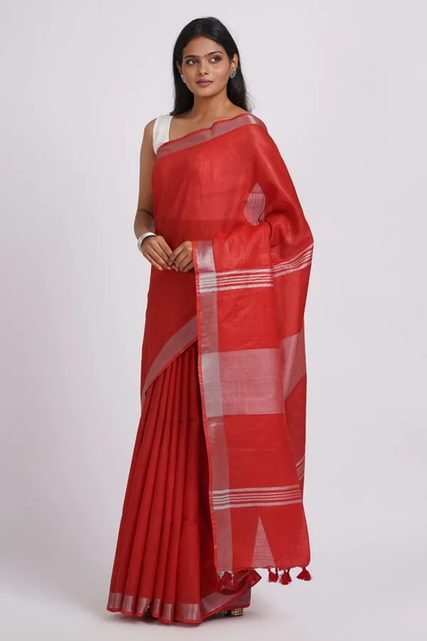 Fine_Red_Linen_Blend_Handloom_Saree_With_Blouse_Piece