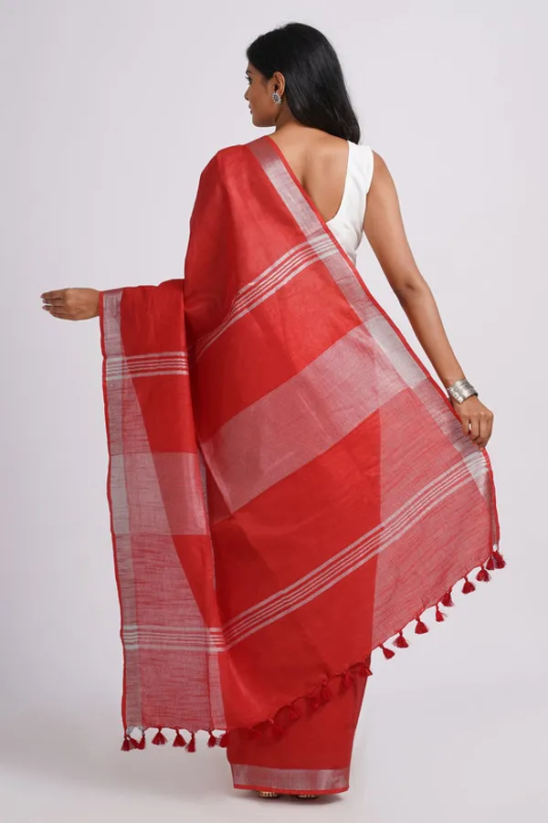 Fine_Red_Linen_Blend_Handloom_Saree_With_Blouse_Piece