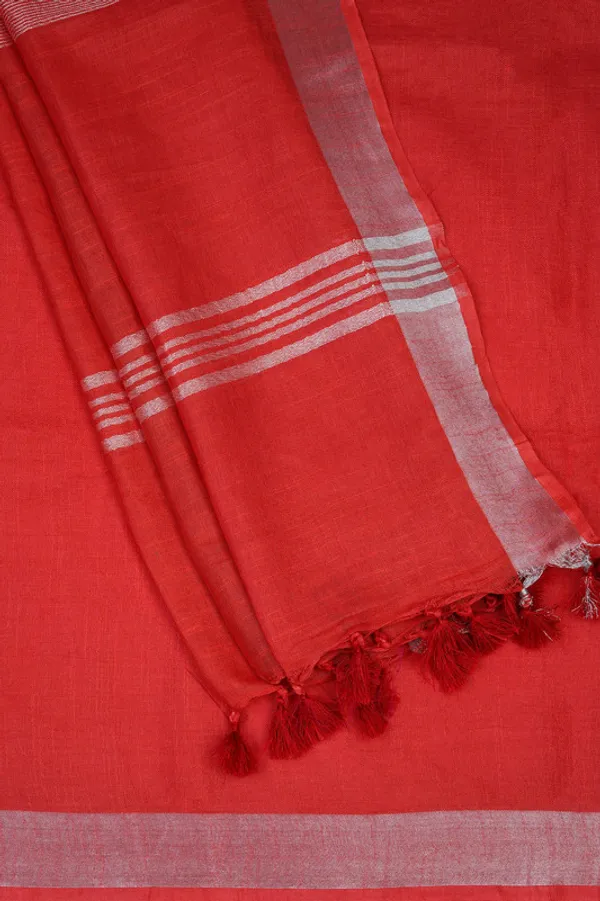Fine_Red_Linen_Blend_Handloom_Saree_With_Blouse_Piece
